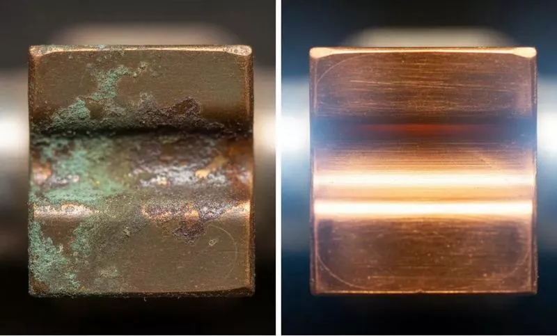 Before and after cleaning electrical contacts, showing removal of corrosion.