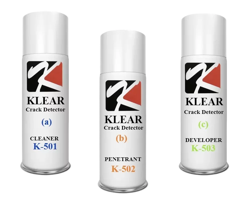 KLEAR Crack Detector set: Cleaner K-501, Penetrant K-502, and Developer K-503.