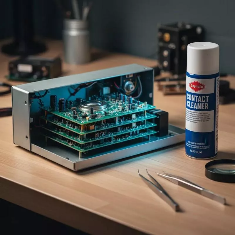 Circuit boards in a silver case with contact cleaner spray and tweezers on a wooden desk.