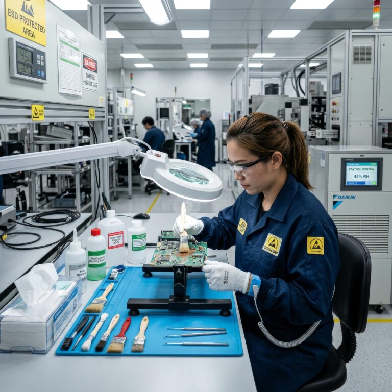 Technician cleaning a circuit board in an ESD protected area, preventing rust.