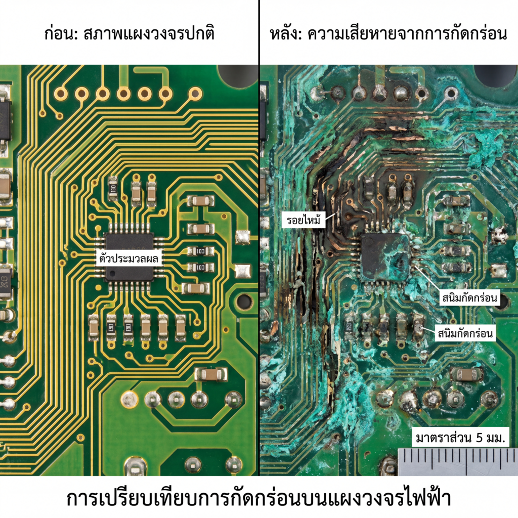 Circuit board corrosion comparison: before and after damage from rust.